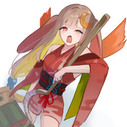  1girl absurdres animal_ears blonde_hair brown_eyes brown_hair cho_kaguya-hime! clothing_cutout commentary_request crescent crescent_hair_ornament egasumi hair_ornament highres holding holding_weapon japanese_clothes kaguya_(cho_kaguya-hime!) kimono long_hair low-tied_long_hair marumai open_mouth rabbit_ears rabbit_girl red_kimono shoulder_cutout simple_background solo weapon white_background 