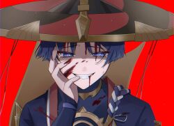  1boy armor black_bodysuit black_hat black_kimono black_sleeves blood blood_from_forehead blood_from_mouth blood_on_clothes blood_on_face blunt_ends bodysuit crazy_grin crying crying_with_eyes_open genshin_impact gold gold_veil grin hand_on_own_face hand_up hat highres japanese_armor japanese_clothes jewelry jingasa juban kimono kote kurokote male_focus neck_ring open_clothes open_kimono portrait purple_hair purple_rope red_background red_hat red_kimono rope scaramouche_(genshin_impact) shimenawa single_sode smile solo straight-on tears two-tone_hat twst_59 white_kimono white_rope wispy_bangs 