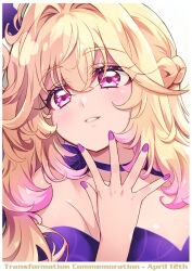  1girl black_dress blonde_hair commentary_request cure_arcana_shadow dress gradient_hair headshot henshin light_blush long_hair looking_at_viewer meitantei_precure! mini_koala moria_luluka multicolored_hair nail_polish pink_eyes pink_hair precure smile solo very_long_hair 