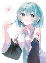  1girl adjusting_hair alternate_hair_length_(shorter) alternate_hairstyle aqua_eyes aqua_hair aqua_nails aqua_necktie arm_tattoo blush collared_shirt commentary_request detached_sleeves double-parted_bangs hair_between_eyes hatsune_miku headphones headset heart highres looking_at_viewer mani_(manidrawings) medium_hair nail_polish necktie number_tattoo shirt sidelocks simple_background sleeveless sleeveless_shirt smile solo speech_bubble spoken_heart tattoo tongue tongue_out vocaloid white_background white_shirt 