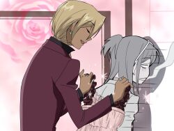  1boy 1girl ace_attorney amikoiiko apollo_justice:_ace_attorney black_shirt blonde_hair blush collared_shirt color_drain commentary_request dark-skinned_male dark_skin derivative_work dress drill_hair ema_skye eyewear_on_head fingernails floral_print gloom_(expression) half_updo highres holding holding_unworn_clothes holding_unworn_dress index_ring initial jacket jewelry klavier_gavin lab_coat long_hair long_sleeves middle_ring mismatched_eyebrows multiple_rings ouran_high_school_host_club parody pink_dress pinky_out popped_collar purple_jacket ring rose_print screenshot_redraw shirt side_drill smile smoke smoke_trail sparkle style_parody suit_jacket sunglasses takahashi_kumiko_(style) thumb_ring unworn_dress upper_body white-framed_eyewear 