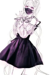  1girl aegyo_sal black_skirt bow chouzetsusaikawa_tenshi-chan commentary corset covered_mouth detached_sleeves frilled_sleeves frills hair_bow highres komakoma0009 limited_palette mask mouth_mask multiple_hair_bows needy_girl_overdose own_hands_together quad_tails skirt solo spread_fingers 