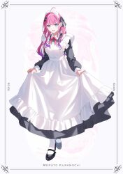  1girl ahoge apron black_dress black_ribbon black_shoes blue_eyes border braid character_name clothes_lift collar collared_dress commentary curtsey dress ear_piercing earrings enmaided frilled_apron frills full_body gradient_hair hair_behind_ear hair_ornament hair_ribbon hairclip highres holding_own_skirt idios inset_border jewelry kuramochi_meruto lace-trimmed_apron lace_trim long_dress long_hair long_sleeves looking_at_viewer maid maid_apron maid_headdress mary_janes multicolored_hair neck_ribbon nijisanji open_mouth ornate_border parallel_hairclips piercing pink_hair pink_ribbon puffy_long_sleeves puffy_sleeves purple_hair ribbon shoes side_braid skirt skirt_lift socks solo standing streaked_hair two-tone_hair virtual_youtuber wavy_hair white_collar white_socks x_hair_ornament yuki_hare1130 