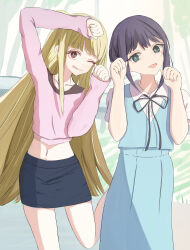  2girls absurdres black_ribbon black_shirt black_skirt blonde_hair blue_skirt blue_vest brown_eyes cho_kaguya-hime! commentary green_eyes highres kaguya_(cho_kaguya-hime!) long_hair long_sleeves midriff mole mole_under_eye multiple_girls navel necktie nekokirin one_eye_closed open_mouth pink_shirt ribbon shirt skirt tongue tongue_out very_long_hair vest white_shirt 