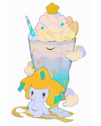  closed_mouth clouds commentary cream drinking_straw english_commentary food food_focus full_body highres jirachi looking_at_viewer no_humans parfait pepparmint310 pokemon pokemon_(creature) simple_background sitting star_(symbol) white_background 