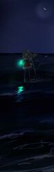  1girl anchor azur_lane black_pantyhose commentary crescent_moon dark dress glowworm_(azur_lane) green_eyes hat highres holding holding_anchor holding_lantern kyuuri_(miyako) lantern long_hair long_sleeves low_twintails moon night ocean outdoors pantyhose red_ribbon ribbon sky solo standing star_(sky) twintails water 