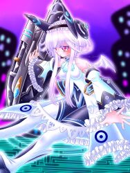  1girl bare_shoulders black_hairband black_sleeves bodysuit boots cannon commentary_request detached_sleeves emil_chronicle_online frilled_hairband frilled_sleeves frills from_side hairband highres horns jacket kazunue_junrei long_sidelocks mechanical_horns mitama_aria pink_eyes purple_background sidelocks solo thigh_boots two-tone_sleeves white_boots white_hair white_jacket white_sleeves white_wings wide_sleeves wings 