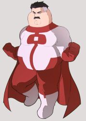  1boy black_hair blue_eyes bodysuit cape clenched_hands commentary cosplay english_commentary facial_hair family_guy fat fat_man grey_background grey_bodysuit grey_hair highres invincible_(series) kowai_(iamkowai) looking_at_viewer male_focus multicolored_bodysuit multicolored_hair mustache omni-man omni-man_(cosplay) peter_griffin red_bodysuit red_cape short_hair simple_background solo two-tone_hair very_short_hair 