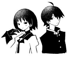  1boy 1girl :| ahoge araragi_koyomi black_eyes black_gloves black_hair black_jacket black_necktie blush bob_cut closed_mouth commentary cropped_torso empty_eyes english_commentary expressionless gakuran gloves hair_over_one_eye hand_up high_collar jacket juliet_sleeves light_frown long_sleeves looking_at_viewer monochrome monogatari_(series) naoetsu_high_school_uniform narrowed_eyes necktie oshino_ougi parody puffy_long_sleeves puffy_sleeves sayonara_zetsubou_sensei school_uniform short_hair side-by-side spdcooler style_parody turtleneck 