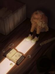  1girl artist_name aubrey_(faraway)_(omori) aubrey_(omori) baseball_bat black_socks blue_hairband book crossed_arms denim denim_skirt hairband highres indoors jacket knees_up long_sleeves minpupunkun nail_(hardware) nail_bat omori open_book photo_(object) pink_hair shoes sitting skirt sneakers socks solo twitter_username white_jacket 