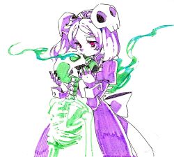  1girl apron back_bow bloody_marie_(skullgirls) bone bow closed_mouth dress fal0811 green_aura hair_ornament headdress holding holding_skeleton holding_skull juliet_sleeves long_dress long_sleeves looking_at_object maid maid_headdress parted_bangs puffy_sleeves red_eyes ribs skeleton skull skull_hair_ornament skullgirls solo standing traditional_media twintails white_background wrist_cuffs 