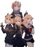  4girls absurdres arknights artist_name azur_lane blonde_hair breasts finger_to_mouth fingerless_gloves gar32 girls_frontline gloves hair_flaps highres horns kantai_collection long_hair looking_at_viewer m4_sopmod_ii_(girls&#039;_frontline) mechanical_hands medium_breasts multicolored_hair multiple_girls neckerchief red_eyes red_neckerchief roon_(azur_lane) sailor_collar scarf school_uniform serafuku short_hair shushing sidelocks smile streaked_hair thighs trait_connection twitter_username v w_(arknights) waving white_scarf yuudachi_(kancolle) 