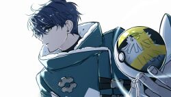  1boy black_hair black_shirt commentary_request earrings fur_trim gears green_eyes green_jacket highres holding holding_poke_ball jacket jewelry korean_commentary male_focus poke_ball pokemon profile robjorim robo_frostor serious shirt simple_background skoshism stud_earrings turtleneck upper_body virtual_youtuber white_background 