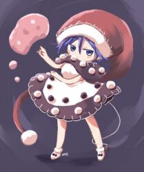  1girl black_bow blush_stickers bow bow_legwear brown_dress commentary_request doremy_sweet dream_soul dress full_body hair_between_eyes hand_up hat looking_at_viewer nightcap no_lineart pom_pom_(clothes) purple_background purple_hair red_hat rokugou_daisuke short_hair signature socks solo standing touhou two-tone_dress white_dress white_socks 