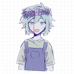  1boy antenna_hair basil_(headspace)_(omori) basil_(omori) blood blood_on_face blue_overalls blush colored_skin double-parted_bangs gm70t green_eyes green_hair green_shirt hair_between_eyes highres looking_at_viewer male_focus omori open_mouth overalls shirt short_hair short_sleeves sidelocks smile solo t-shirt upper_body white_skin 