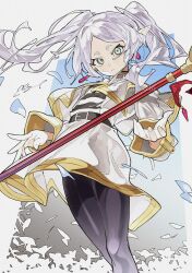  1girl belt black_belt black_pantyhose capelet commentary earrings elf frieren green_eyes highres jewelry long_hair looking_at_viewer mage_staff mikanha346 pantyhose pointy_ears shirt skirt solo sousou_no_frieren staff striped_clothes striped_shirt twintails white_capelet white_hair white_skirt 