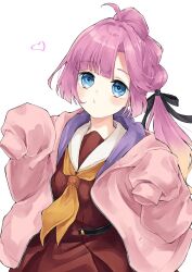  1girl ahoge anyoji_hime black_ribbon blue_eyes blush brown_dress closed_mouth commentary_request cowboy_shot dress hair_ribbon hasu_no_sora_school_uniform heart highres hood hood_down hooded_jacket jacket link!_like!_love_live! long_sleeves love_live! mendo_(mend0o0) multi-tied_hair neckerchief open_clothes open_jacket pink_jacket pleated_dress ponytail puckered_lips ribbon sailor_collar sailor_dress school_uniform simple_background sleeves_past_fingers sleeves_past_wrists solo virtual_youtuber white_background white_sailor_collar winter_uniform yellow_neckerchief 