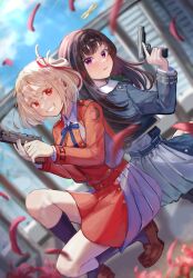  2girls :| ao_hoshi back-to-back belt black_hair black_socks blonde_hair blue_belt blue_dress blue_ribbon blurry blurry_background bob_cut breasts brown_shoes building buttons closed_mouth clouds collared_dress commentary_request day dot_nose dress dutch_angle green_ribbon grey_dress grin gun hair_ribbon handgun highres holding holding_gun holding_weapon inoue_takina light_blush loafers long_hair long_sleeves looking_at_another lycoris_recoil lycoris_uniform m1911 medium_breasts multiple_girls neck_ribbon nishikigi_chisato one_side_up open_mouth outdoors petals pleated_dress railing red_belt red_dress red_eyes red_petals red_ribbon ribbon shoes short_hair smile smith_&amp;_wesson_m&amp;p socks squatting two-tone_dress violet_eyes weapon 