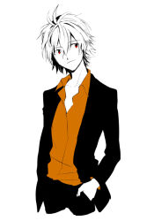  11kkr 1boy black_jacket black_pants closed_mouth collarbone commentary_request cropped_legs hand_in_pocket jacket looking_to_the_side male_focus nagisa_kaworu neon_genesis_evangelion orange_shirt pants red_eyes shirt short_hair simple_background solo white_background 