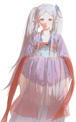  1girl alternate_costume chinese_clothes chinese_commentary closed_mouth collarbone commentary_request cowboy_shot duijin_ruqun earrings facial_mark forehead_mark frieren green_eyes grey_hair hands_in_opposite_sleeves hanfu highres jewelry long_hair long_sleeves looking_at_viewer narcisco pointy_ears purple_hanfu shawl simple_background solo sousou_no_frieren teardrop_earrings twintails very_long_hair white_background wide_sleeves 