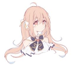  1girl ahoge black_bow black_bowtie blush bow bowtie braid commentary flower_ornament indie_virtual_youtuber kano_mahoro lineart long_hair off_shoulder pink_eyes pink_hair puffy_sleeves sako_(xzzzz036) shirt simple_background sketch smile solo strawberry_ornament twintails untranslatable_commentary upper_body white_background white_bow white_shirt 