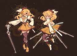  1girl beret blonde_hair boots bow bowtie breasts brown_background brown_boots brown_corset brown_gloves brown_hat brown_thighhighs closed_mouth colored_shoe_soles commentary corset detached_sleeves drill_hair english_commentary film_grain fingerless_gloves floral_background flower full_body gloves gun hair_ornament hair_over_one_eye hairpin hand_on_own_hip hat hoaxghost juliet_sleeves knee_boots large_breasts long_hair long_sleeves looking_at_viewer looking_to_the_side magical_girl magical_musket_(madoka_magica) mahou_shoujo_madoka_magica musket pleated_skirt puffy_long_sleeves puffy_short_sleeves puffy_sleeves ribbon shirt shoe_soles short_sleeves sidelocks skirt smile soul_gem striped_clothes striped_thighhighs sunflower thigh-highs tomoe_mami tomoe_mami_(magical_girl) twin_drills vertical-striped_clothes vertical-striped_thighhighs weapon white_shirt yellow_bow yellow_bowtie yellow_eyes yellow_ribbon yellow_skirt yellow_theme 