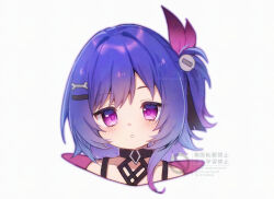  1girl bare_shoulders black_choker blue_hair bone_hair_ornament choker commentary_request cropped_shoulders expressionless genshin_impact hair_intakes hair_ornament hairclip highres light_blush looking_at_viewer momochiwood parted_lips prune_(genshin_impact) side_ponytail sidelocks simple_background solo twitter_username violet_eyes watermark white_background 