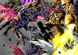  2girls 4boys apollomon battle colored_skin digimon digimon_(creature) electricity green_skin grey_background halo highres holding holding_sword holding_weapon junomon merfolk merman minervamon monster_boy multiple_boys multiple_girls multiple_halos neptunemon plutomon red_halo ridgeone riding skullbaluchimon sword titamon weapon 