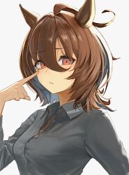  1girl :< agnes_tachyon_(umamusume) ahoge alternate_costume animal_ears black_shirt brown_hair closed_mouth collared_shirt commentary_request hair_between_eyes highres horse_ears horse_girl looking_at_viewer messy_hair o_ko_ge2024 red_eyes shirt short_hair short_sleeves simple_background solo umamusume white_background 