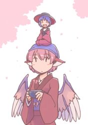  2girls :d animal_ears bird_ears bird_wings blush bowl bowl_hat brown_kimono cherry_blossoms commentary_request falling_petals hat holding holding_bowl japanese_clothes kimono long_sleeves mini_person minigirl multiple_girls mystia_lorelei obi obidome okamisty petals pink_hair pink_petals purple_hair rangycrow red_kimono sash short_hair sitting sitting_on_head sitting_on_person smile sukuna_shinmyoumaru touhou white_background wings |_| 