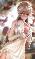 absurdres atla_762 blonde_hair blush breasts bride choker cleavage closed_mouth commentary dress elbow_gloves english_commentary flower girls'_frontline_2:_exilium girls_frontline gloves hair_between_eyes hair_ornament highres jewelry long_hair official_alternate_costume orange_eyes ots-14_(girls'_frontline) ots-14_(sangria_succulent)_(girls'_frontline) pink_flower pink_rose red_choker ring rose smile wedding wedding_dress wedding_ring white_dress white_gloves yellow_eyes