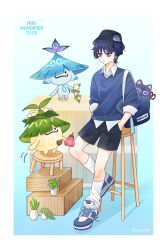  1boy absurdres aranara_(genshin_impact) bag birthday black_hair black_hat black_shoes black_shorts blue_sweater blunt_ends genshin_impact happy_birthday hat highres long_sleeves male_focus multicolored_shoes narurin21 scaramouche_(cat)_(genshin_impact) scaramouche_(genshin_impact) shirt shoes short_hair shorts shoulder_bag sneakers socks solo sweater violet_eyes wanderer_(genshin_impact) white_shirt white_shoes white_socks 