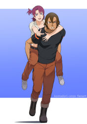  1boy 1girl artist_name bandaid bandaid_on_face betchy_(gundam) blue_background brown_hair carrying clenched_teeth collarbone commentary dark-skinned_male dark_skin facial_hair gawman_nobile gradient_background gundam gundam:_hathaway's_flash highres komadori_onzou one_side_up orange_pants pants piggyback purple_hair running scar short_hair teeth two-tone_background white_background 