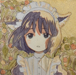  1girl absurdres animal_ears black_eyes black_hair blush cat_ears commentary_request expressionless flower highres looking_at_viewer maid maid_headdress original painting_(medium) parted_lips shinomiya_nanase short_hair solo traditional_media watercolor_(medium) 