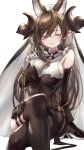  1girl animal_ears bangs bare_shoulders black_dress blush breasts brown_hair brown_legwear closed_eyes closed_mouth crossed_legs detached_sleeves dress extra_ears frilled_sleeves frills galleon_(granblue_fantasy) gloves granblue_fantasy hair_between_eyes highres horns large_breasts long_hair long_sleeves pantyhose pointy_ears smile solo somebody_(leiking00) upper_body white_gloves 
