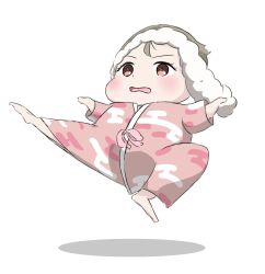  1girl baby barefoot blush brown_hair cho_kaguya-hime! commentary_request dekke_hayabusa flying_kick full_body highres kaguya_(cho_kaguya-hime!) kicking open_mouth red_eyes shadow short_hair solo 