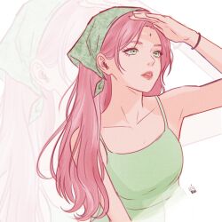 1girl artist_logo bracelet breasts chococurrent collarbone commentary facial_mark forehead_mark green_eyes green_headscarf green_shirt haruno_sakura headscarf highres jewelry logo long_eyelashes long_hair looking_to_the_side naruto_(series) pink_hair pink_lips shading_eyes shirt simple_background sleeveless sleeveless_shirt small_breasts spaghetti_strap untranslatable_commentary 