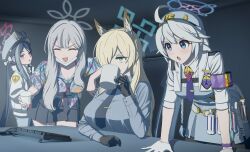  4girls absurdres ahoge angryangrykim animal_ear_fluff animal_ears armband black_gloves black_necktie black_skirt blonde_hair blue_archive blue_eyes blue_halo blue_shirt blush bow braid braided_ponytail breasts center-flap_bangs closed_eyes coffee_mug commentary_request computer_keyboard cup dog_ears dog_girl double-parted_bangs extra_ears fubuki_(blue_archive) gloves grey_bow grey_eyes grey_hair grey_halo hair_bow hair_over_one_eye halo hat hawaiian_shirt highres holding holding_cup indoors kanna_(blue_archive) kirino_(blue_archive) konoka_(blue_archive) large_breasts laughing long_hair mask mask_pull medium_breasts mouth_mask mug multiple_girls necktie notched_ear open_mouth pleated_skirt police police_badge police_hat police_uniform policewoman purple_armband purple_halo purple_necktie red_eyes red_halo sharp_teeth shirt sidelocks single_braid skirt smoke_grenade teeth twintails white_gloves white_hair 