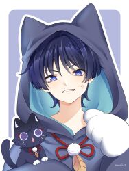 1boy absurdres animal_costume animal_hood black_hood blunt_ends cat_costume cat_hood genshin_impact hair_between_eyes highres hood hood_up male_focus narurin21 scaramouche_(cat)_(genshin_impact) scaramouche_(genshin_impact) simple_background solo teeth violet_eyes wanderer_(genshin_impact) white_background 