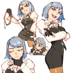  1girl 3amsoda :t ace_attorney argyle_clothes black_gloves black_shirt black_skirt blue_eyes blue_hair breasts brown_pantyhose chest_ribbon crossed_arms franziska_von_karma gloves hand_on_own_chin highres holding holding_whip jewelry juliet_sleeves laughing long_sleeves multiple_views pantyhose puffy_sleeves ribbon shirt short_hair signature skirt smile smug standing whip white_background zig-zag_pattern 