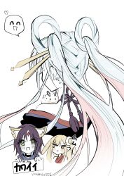  3girls animal_ears bare_shoulders blush brown_eyes cho_kaguya-hime! colored_inner_hair commentary_request crescent crescent_hair_ornament forehead_jewel fox_ears fox_girl fushi_(cho_kaguya-hime!) green_eyes hair_ornament hair_rings hair_stick heart highres jealous kaguya_(cho_kaguya-hime!) kauderni01356 long_hair multicolored_hair multiple_girls off_shoulder open_mouth pink_hair pout rabbit_ears rabbit_girl runami_yachiyo sakayori_iroha simple_background twintails white_background white_hair 