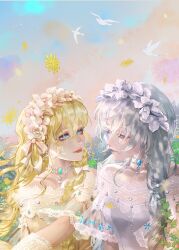 2girls absurdres adapted_costume amber_(path_to_nowhere) bare_shoulders bird blonde_hair blue_eyes brooch chinese_commentary collarbone commentary curly_hair dress dual_persona eye_contact floating_flowers flower flower_hairband gradient_sky grey_eyes grey_hair hair_over_shoulder highres jewelry long_hair looking_at_another multiple_girls necklace nox_(path_to_nowhere) pale_skin path_to_nowhere pearl_necklace qimufanghua side-by-side sky strapless strapless_dress upper_body white_bird white_dress yellow_dress yellow_flower 