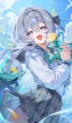  1girl absurdres black_hairband black_sailor_collar blush bow clouds cloudy_sky commentary_request dotori_(seulseul) firefly_(honkai:_star_rail) firefly_(spring_missive)_(honkai:_star_rail) flower gradient_hair green_bow green_hair grey_hair grey_skirt hair_between_eyes hair_ornament hairband highres holding holding_flower honkai:_star_rail honkai_(series) long_hair looking_at_viewer midriff multicolored_hair official_alternate_costume open_mouth plaid_bow plaid_clothes plaid_skirt rose sailor_collar school_uniform serafuku skirt sky smile solo yellow_flower yellow_rose 