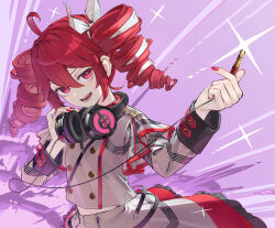  1girl cable commentary_request grey_jacket grey_skirt headphones headphones_around_neck highres jacket kanpa_(campagne_9) kasane_teto looking_at_viewer open_mouth pink_background red_eyes red_hair red_nails skirt smile solo sparkle twintails vocaloid 