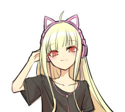  1girl ahoge amenoma_(pixiv_118813560) animal_ear_headphones animal_ears black_shirt blonde_hair cable cat_ear_headphones cat_ears cho_kaguya-hime! commentary fake_animal_ears hand_up headphones kaguya_(cho_kaguya-hime!) long_hair looking_at_viewer red_eyes shirt short_sleeves simple_background solo white_background 
