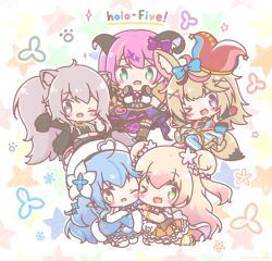  >_o 5girls :d ;d ahoge animal_ear_fluff animal_ears asymmetrical_legwear bare_shoulders black_hair black_jacket black_shirt blonde_hair blue_bow blue_hair blue_jacket blue_skirt boots bow brown_boots brown_eyes brown_hair brown_skirt brown_thighhighs chibi commentary_request demon_horns double_bun fang fox_ears fox_girl fox_tail fur-trimmed_boots fur-trimmed_jacket fur-trimmed_sleeves fur_trim green_eyes grey_eyes grey_hair grey_skirt hair_bun hat headphones headphones_around_neck heart heart_ahoge highres holofive hololive horns jacket jester_cap kneeling layered_skirt lion_ears lion_girl lion_tail long_hair long_sleeves mano_aloe midriff mismatched_legwear mitarashi_neko momosuzu_nene momosuzu_nene_(1st_costume) multicolored_hair multiple_girls navel omaru_polka omaru_polka_(1st_costume) one_eye_closed open_clothes open_jacket pink_hair pleated_skirt purple_skirt purple_thighhighs shirt shishiro_botan shishiro_botan_(1st_costume) skirt sleeveless sleeveless_shirt smile star_(symbol) streaked_hair striped_clothes striped_skirt striped_thighhighs tail thigh-highs thighhighs_under_boots tilted_headwear two_side_up vertical-striped_clothes vertical-striped_skirt vertical-striped_thighhighs very_long_hair violet_eyes virtual_youtuber white_background white_shirt white_thighhighs wide_sleeves yukihana_lamy yukihana_lamy_(1st_costume) 