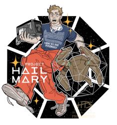  1boy alien beard blonde_hair casual commentary facial_hair highres messy_hair popi_paretto project_hail_mary rocky_(project_hail_mary) ryland_grace space spacecraft stubble 