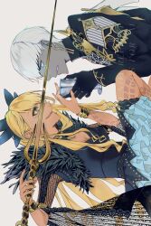  1boy 1girl black_gloves blonde_hair blue_eyes body_markings colored_skin commentary cup dark-skinned_female dark_skin earrings facial_mark fate/grand_order fate_(series) frilled_skirt frills fur-trimmed_shrug gloves gold_bangle green_eyes green_rar grey_skin highres holding holding_cup holding_weapon indra_(fate) jewelry lightning_bolt_symbol long_hair long_sleeves looking_at_another parted_lips profile sharp_teeth shrug_(clothing) skirt teeth untranslatable_commentary vritra_(fate) weapon white_hair 