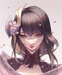  1girl black_hair blunt_bangs closed_mouth falling_petals floating_hair flower genshin_impact goffu_25 hair_ornament highres japanese_clothes kimono lipgloss long_hair looking_to_the_side low-tied_long_hair mole mole_under_eye multicolored_hair neck_ribbon off_shoulder petals pink_petals portrait purple_flower purple_kimono purple_streaks raiden_shogun red_ribbon ribbon sidelocks simple_background solo streaked_hair violet_eyes white_background 