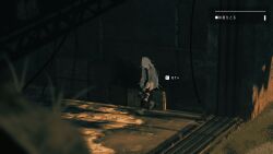  1girl absurdres against_wall black_pants boots closed_eyes commentary_request evening highres jacket kani_etizen03 knee_pads long_hair on_wall original pants ruins scenery shadow sleeping solo sunlight twilight user_interface white_hair 